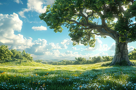 Lush green field under blue skies wi, a Photo by LOGOCREATIVE
