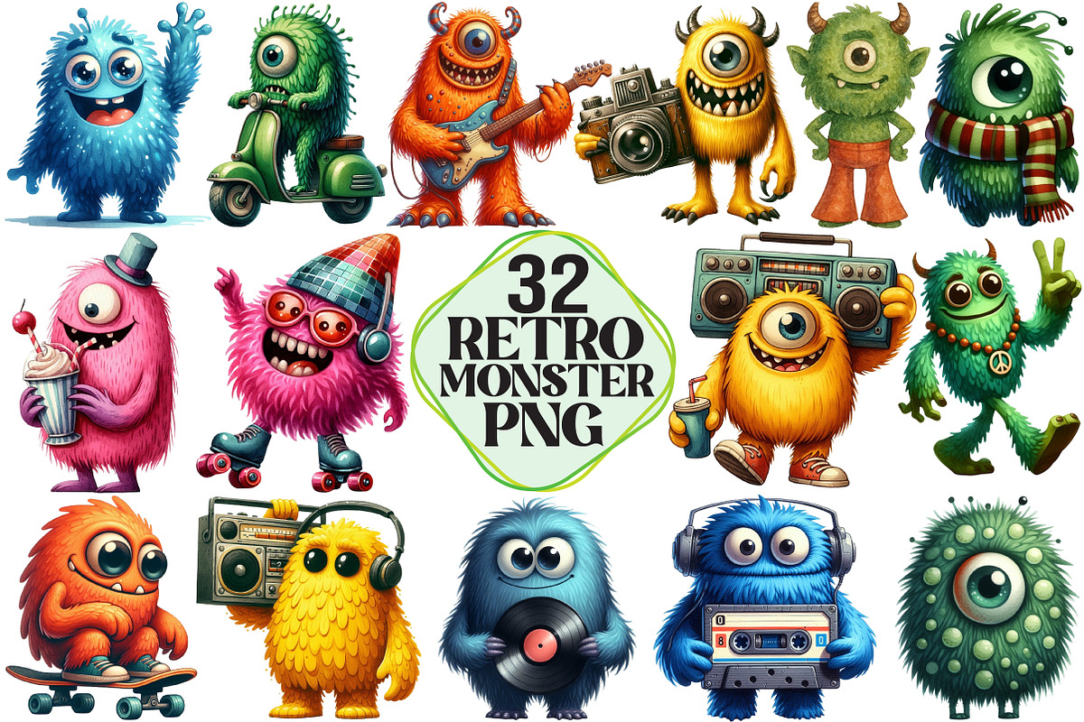 Retro Monster PNG Sublimation Bundle, an Illustration by Pixels.Craft (Photo 1 of 7)