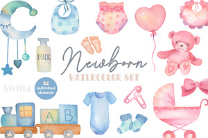 Newborn watercolor set, boy or girl