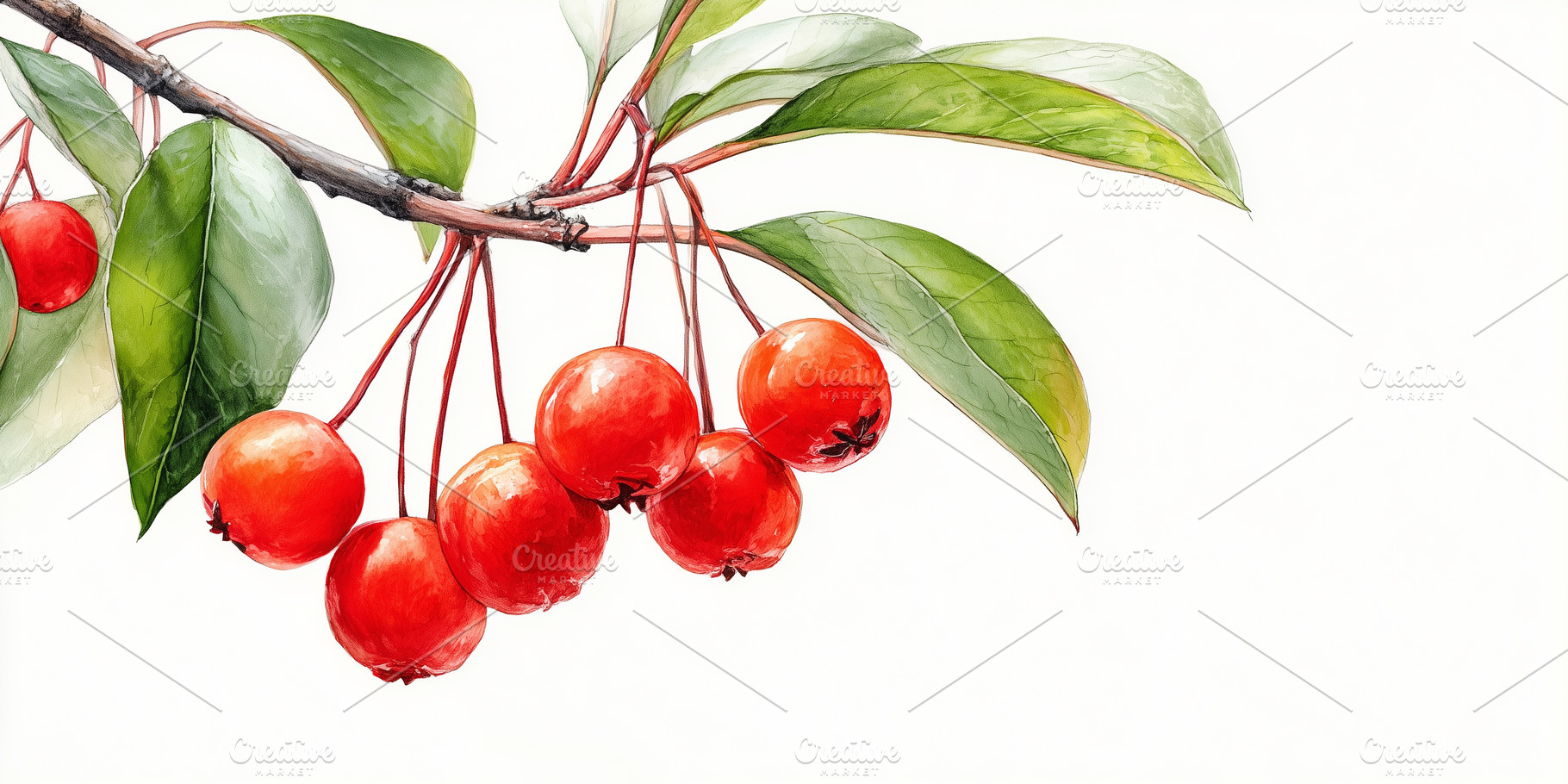 Watercolor red berries hanging from, a Nature Photo by MistyDay