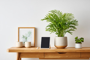 Stylish indoor plants on a wooden table with decorative items in a modern livin, a Nature Photo by AlyaAnd