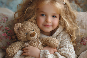 A joyful young girl with curly blonde hair snuggles with a teddy bear, wearing, a Person Photo by ImageMir