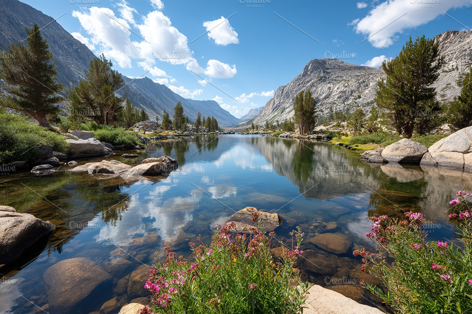 Serene mountain lake reflecting lush pine trees under a clear blue sky in a tra, a Nature Photo by AlyaAnd