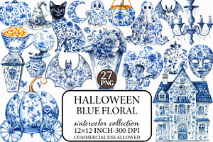 Blue Floral Halloween PNG, an Illustration by Libby Wishes