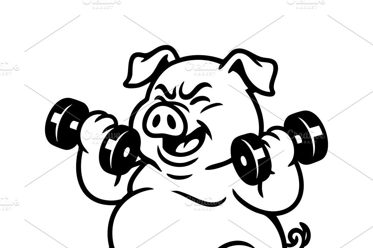 Vector of fat pig lifting dumbbells., an Animal Illustration by yod67