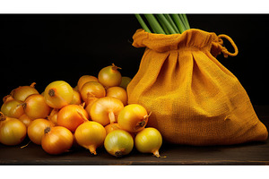 color yellow onions bag ai generated, a Food & Drink Photo by pikepicture
