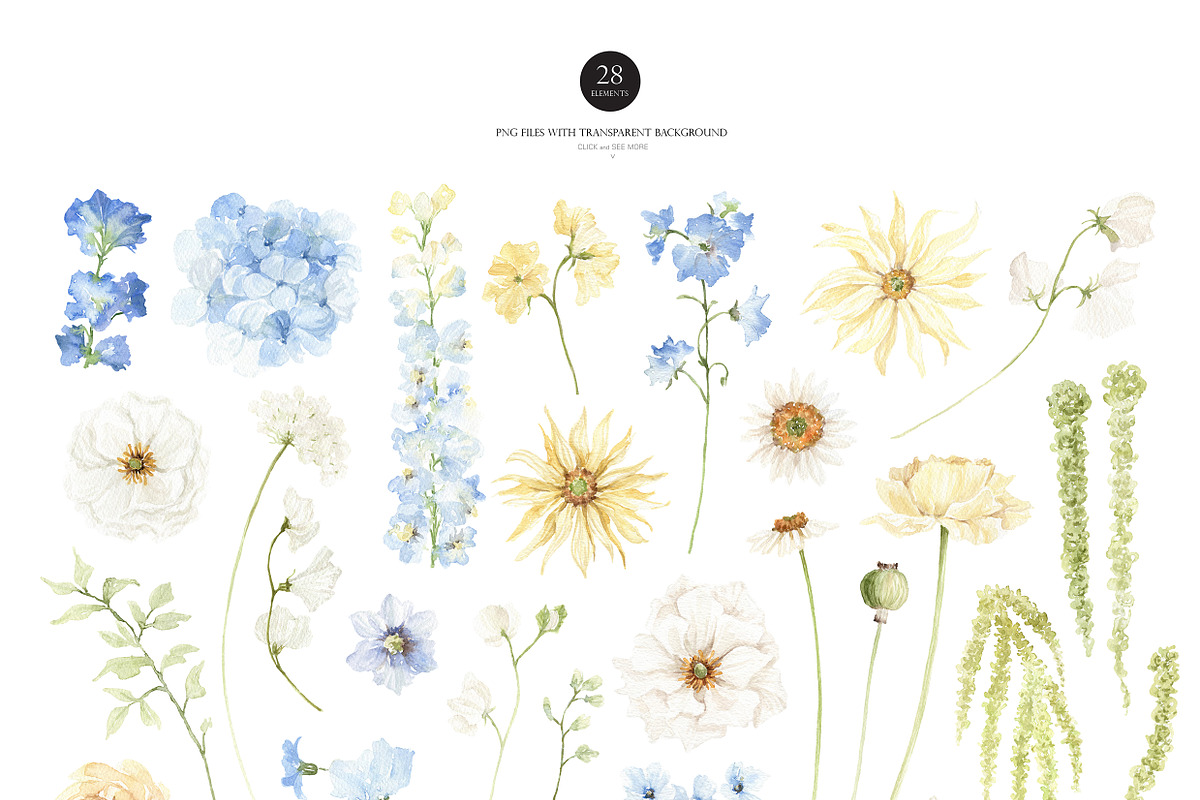 Watercolor Clipart-Blue Cream Floral, a Decorative Illustration by Beigetime (Photo 3 of 16)
