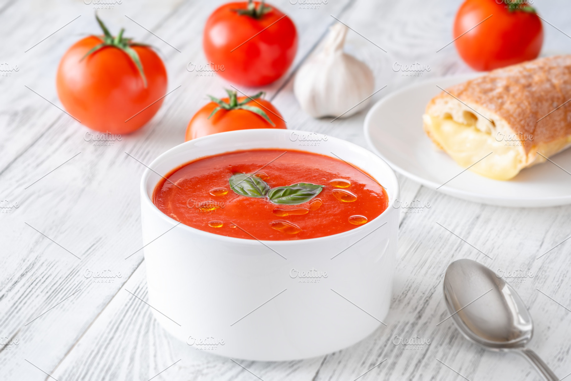 Classic tomato soup served with gril, a Food & Drink Photo by Alexander Prokopenko