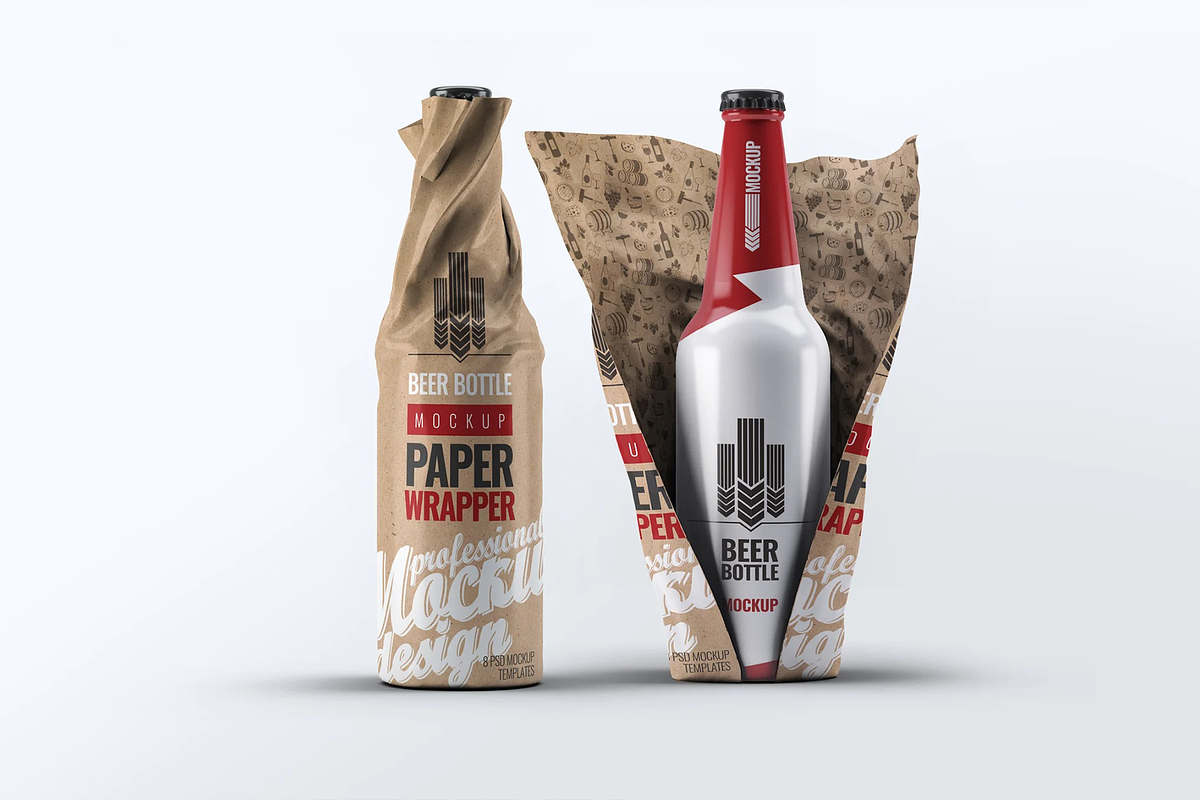 Beer Bottle Paper Wrapped 8 Mock-Up, a Product Mockup by Hubzway (Photo 1 of 9)