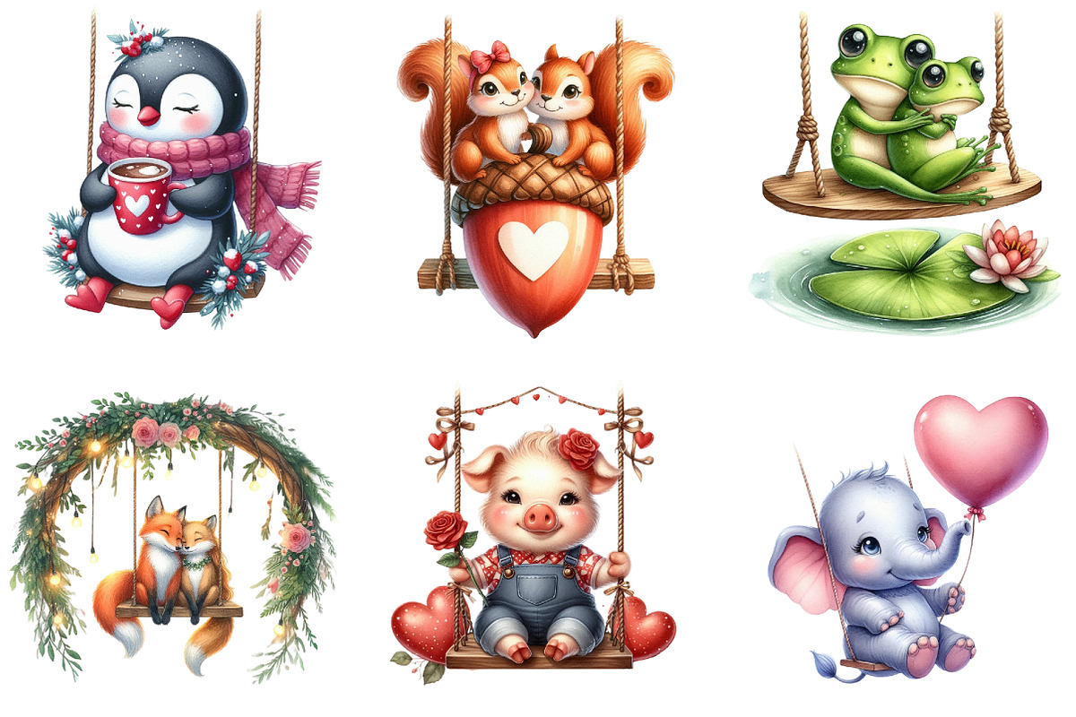 Valentines Animals on Swings Clipart, a Seasonal Illustration by DreamArtGraphic (Photo 5 of 5)