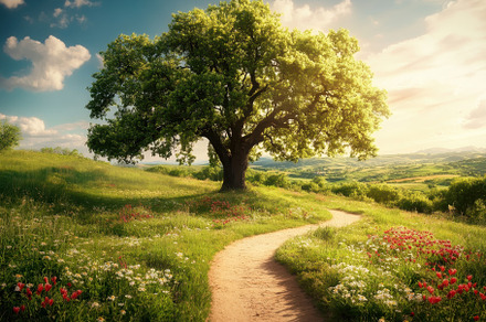 Majestic tree in sunlit meadow, a Photo by Pavel_design