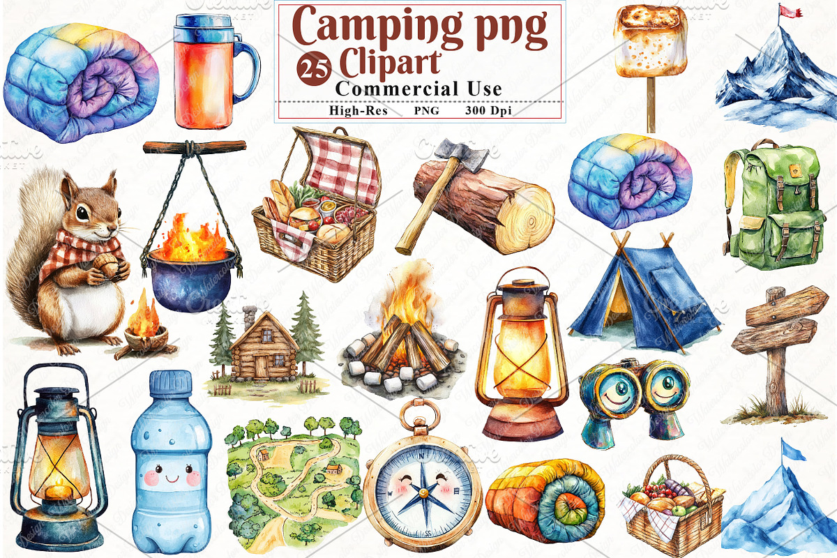 Watercolor Camping Clipart, an Illustration by Watercolor design (Photo 1 of 11)