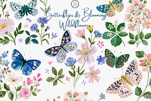 watercolor butterfly wildflower set, a Decorative Illustration by Patishop Art