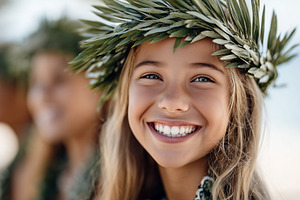 Smiling girl in leafy crown at beach, a Person Photo by MistyDay