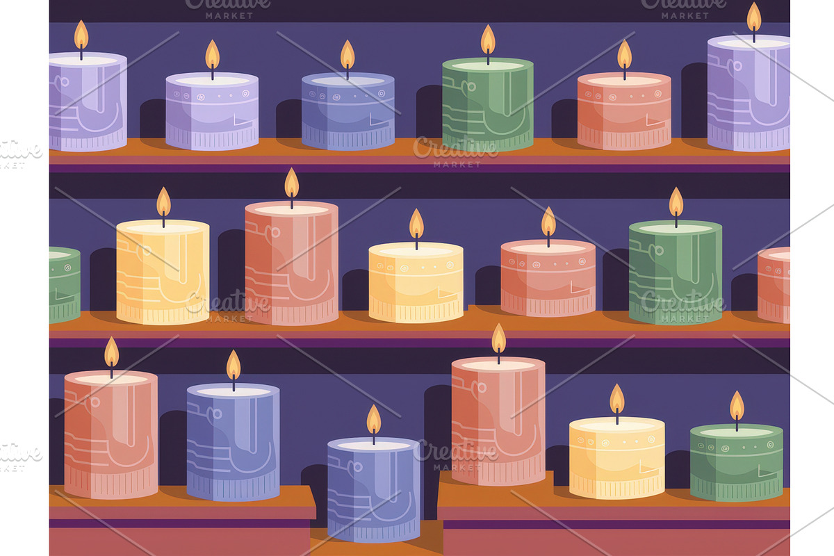Colorful candles on shelves with, an Illustration by tilialucida