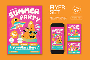 Pink Bold Summer Party Flyer Set, a Flyer Template by graphicook