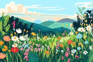 Cartoon meadow with colorful flowers, a Photo by Pavel_design