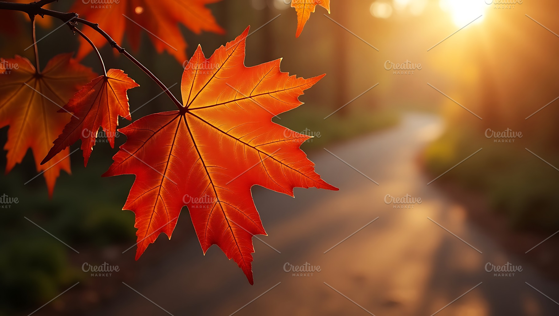 Vibrant red maple leaf bathed in gol, a Background Photo by Artonix