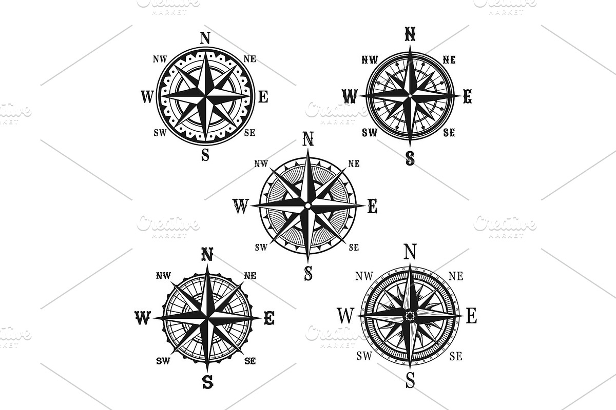 Vector icons of marine nautical navigation compass, an Illustration by ...