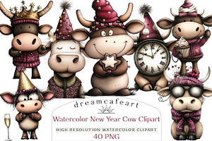 Watercolor New Year Cow Clipart, an Illustration by DreamCafeArt