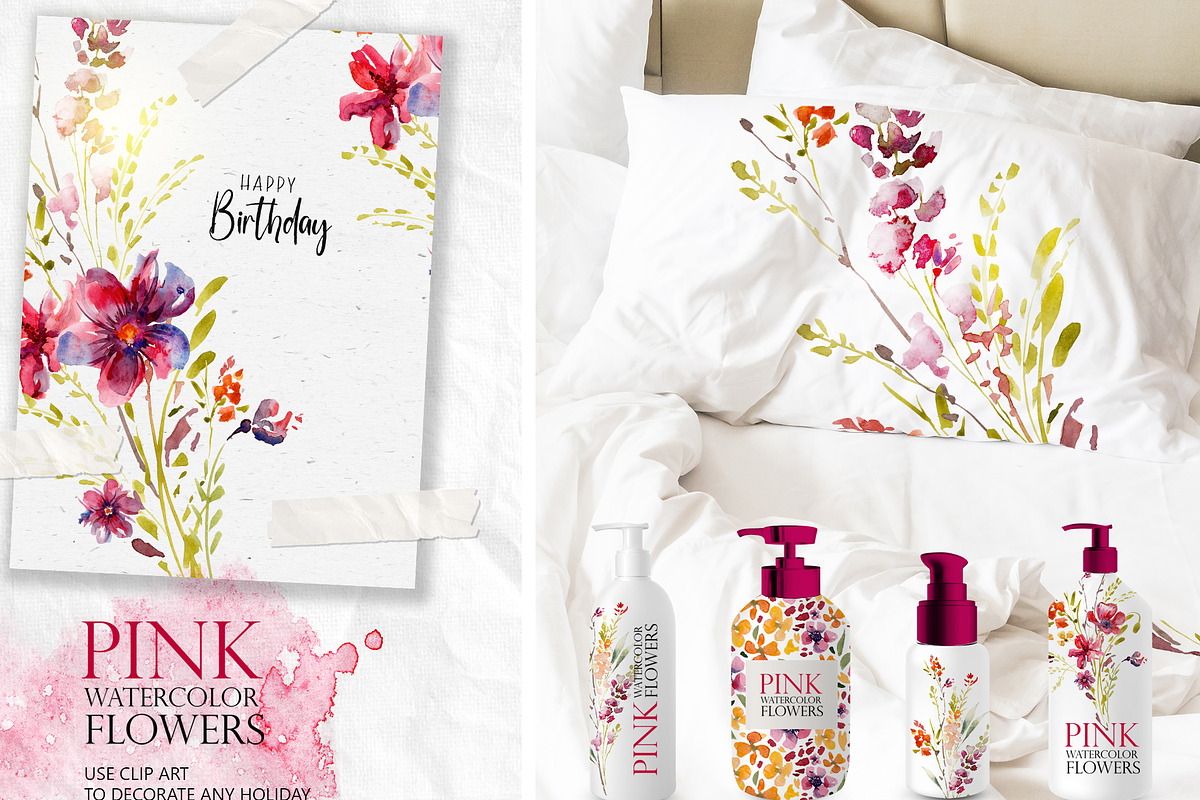 Watercolor clip art set Pink Flowers, a Decorative Illustration by RushkinaAntonina (Photo 3 of 7)