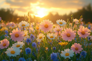 Field with different spring flowers and sunlights, a Nature Photo by AlyaAnd