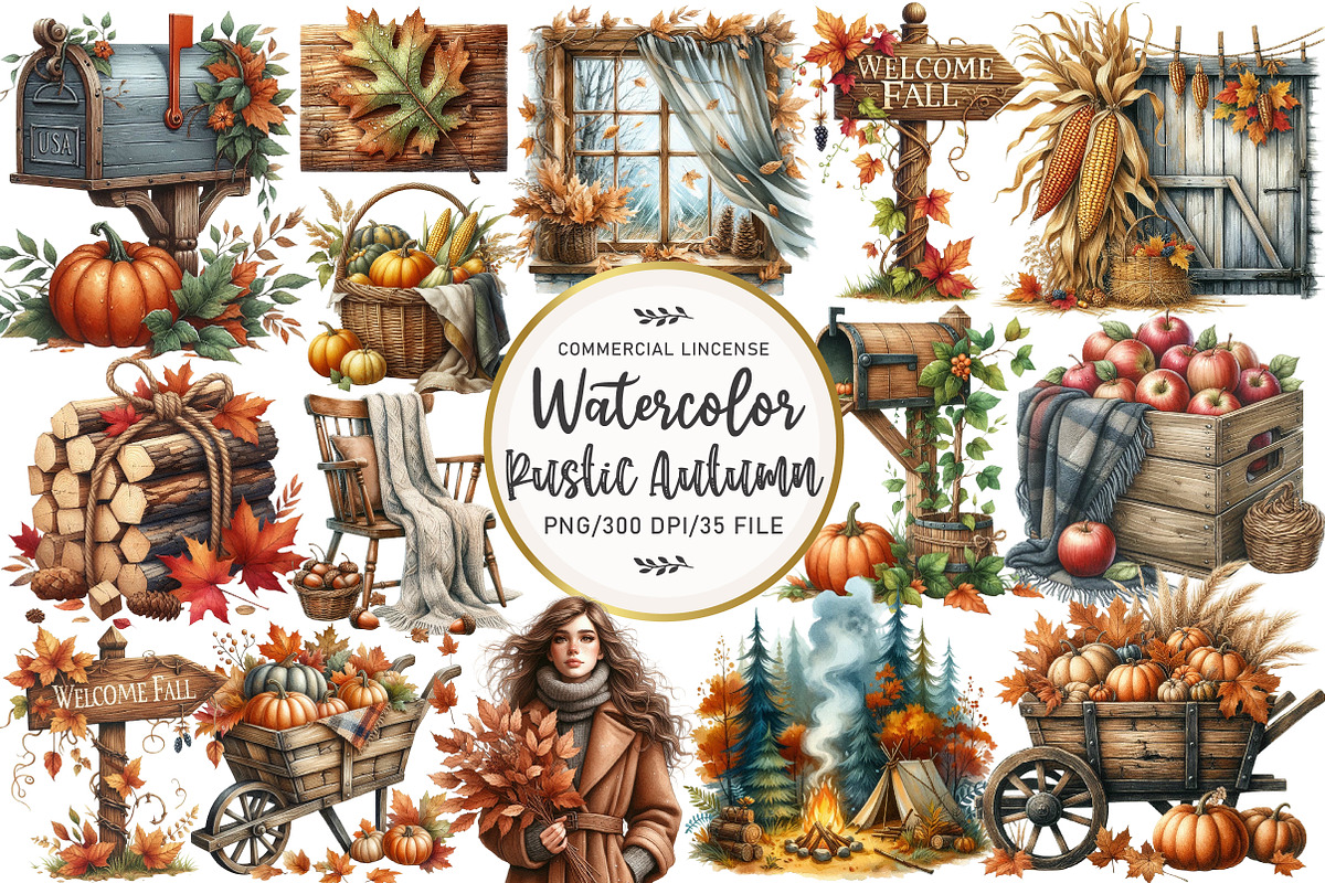 Watercolor Rustic Autumn Clipart, an Illustration by OK Design (Photo 1 of 5)