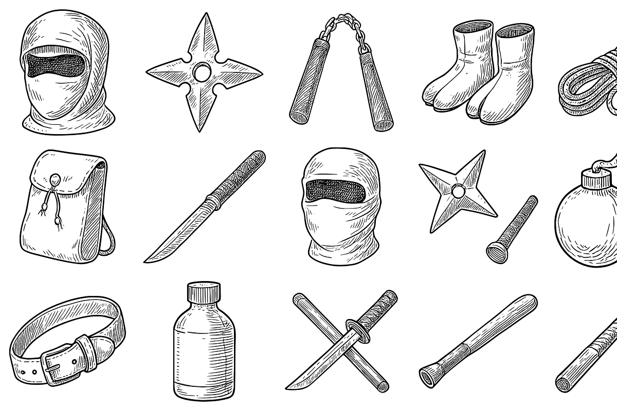 Ninja Gear Sketch Pack, an Object Graphic by nikagraphic (Photo 1 of 3)