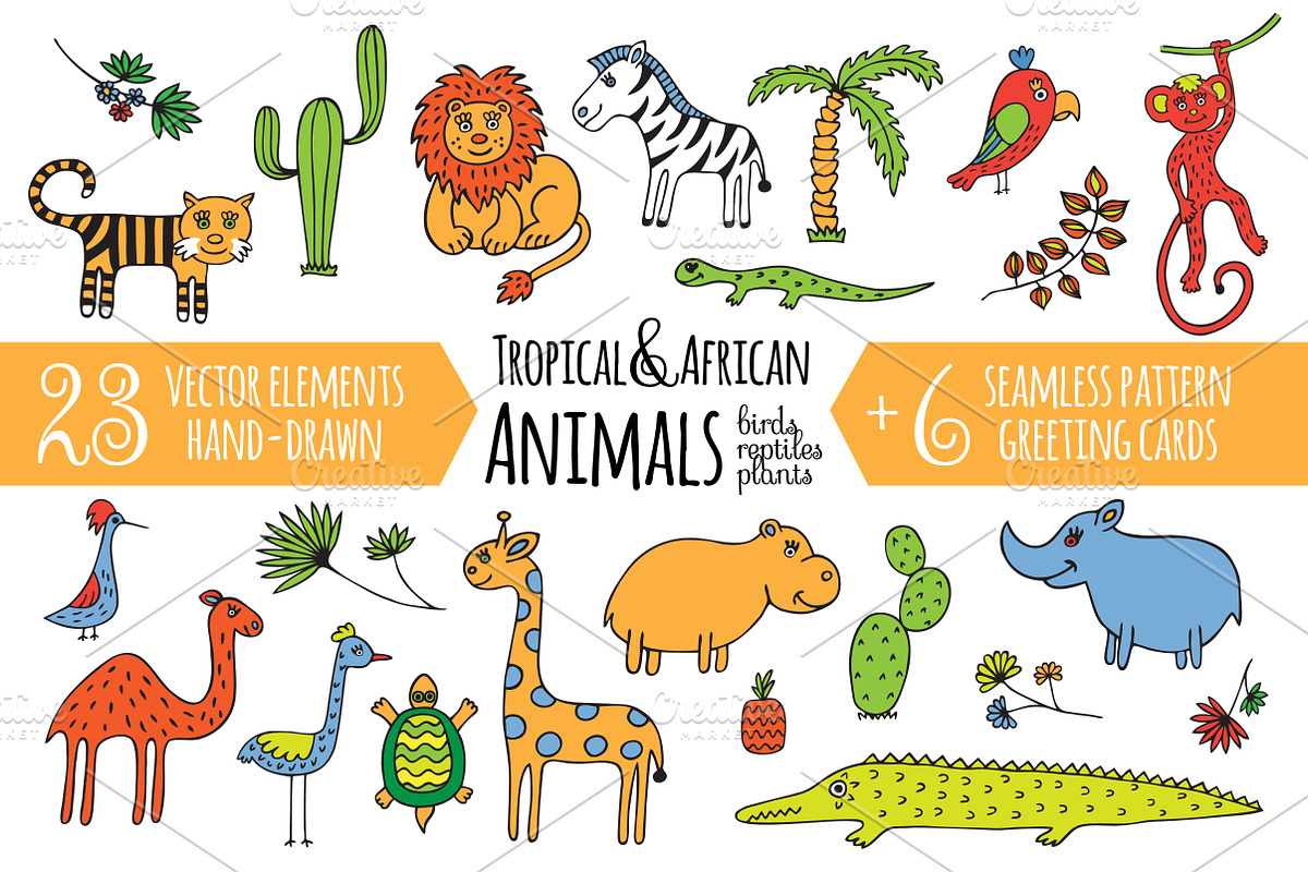 Set tropical & African animals, an Animal Illustration by EvgeniaV (Photo 1 of 5)