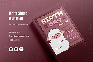 White Sheep Birthday Invitation, a Print Template by Fannan Studio