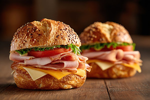 Delightful sandwiches showcasing aged cheddar cheese on fresh, warm buns ready, a Food & Drink Photo by AlyaAnd