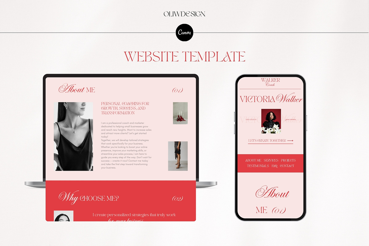 Red website for coach Canva template, a Websites & App Template by OliaMuseDesign (Photo 2 of 5)