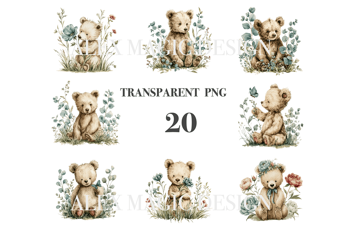 Floral Teddy Bears Clipart, a Decorative Illustration by Pati Charm Studio (Photo 3 of 8)
