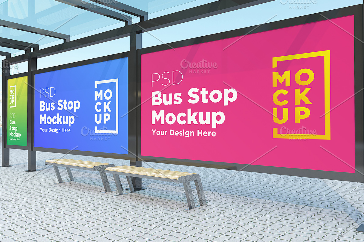 Bas stop with 3 billboard Mockup, an Advertising Mockup by shahsoft