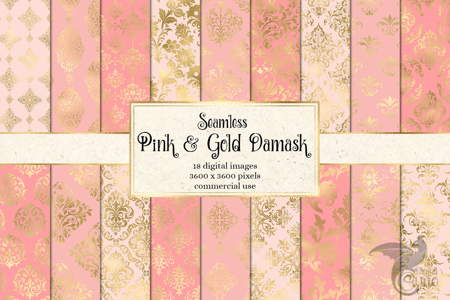 Pink and Gold Damask Digital Paper, a Pattern Graphic by Digital Curio