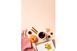 Notebook, hot tea and scarf with, a Food & Drink Photo by Nadia-nb