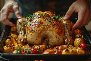 Male hands taking roasted turkey on tray from the oven. Thanksgiving day, a Food & Drink Photo by AlyaAnd