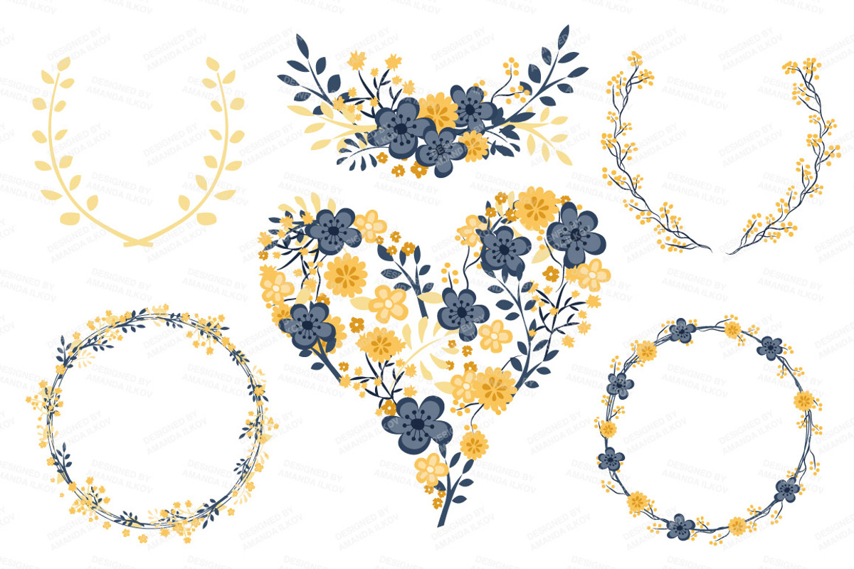 Navy & Yellow Floral Heart Clipart, an Illustration by Amanda Ilkov (Photo 3 of 4)