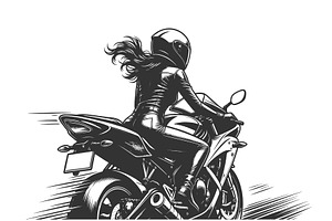 Female Biker Riding Sport Motorcycle, a Transportation Illustration by AlexArt