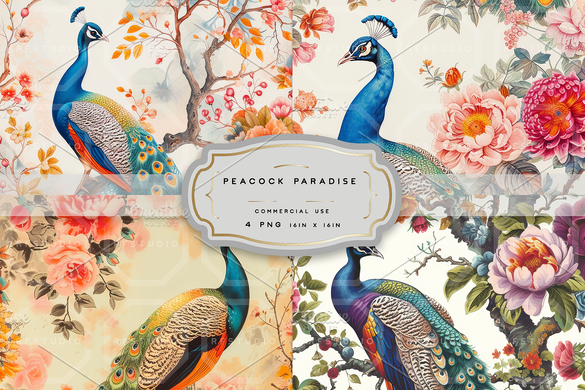PEACOCK PARADISE, Seamless Patterns, a Texture Illustration by RefinedFantasyStudio (Photo 2 of 10)