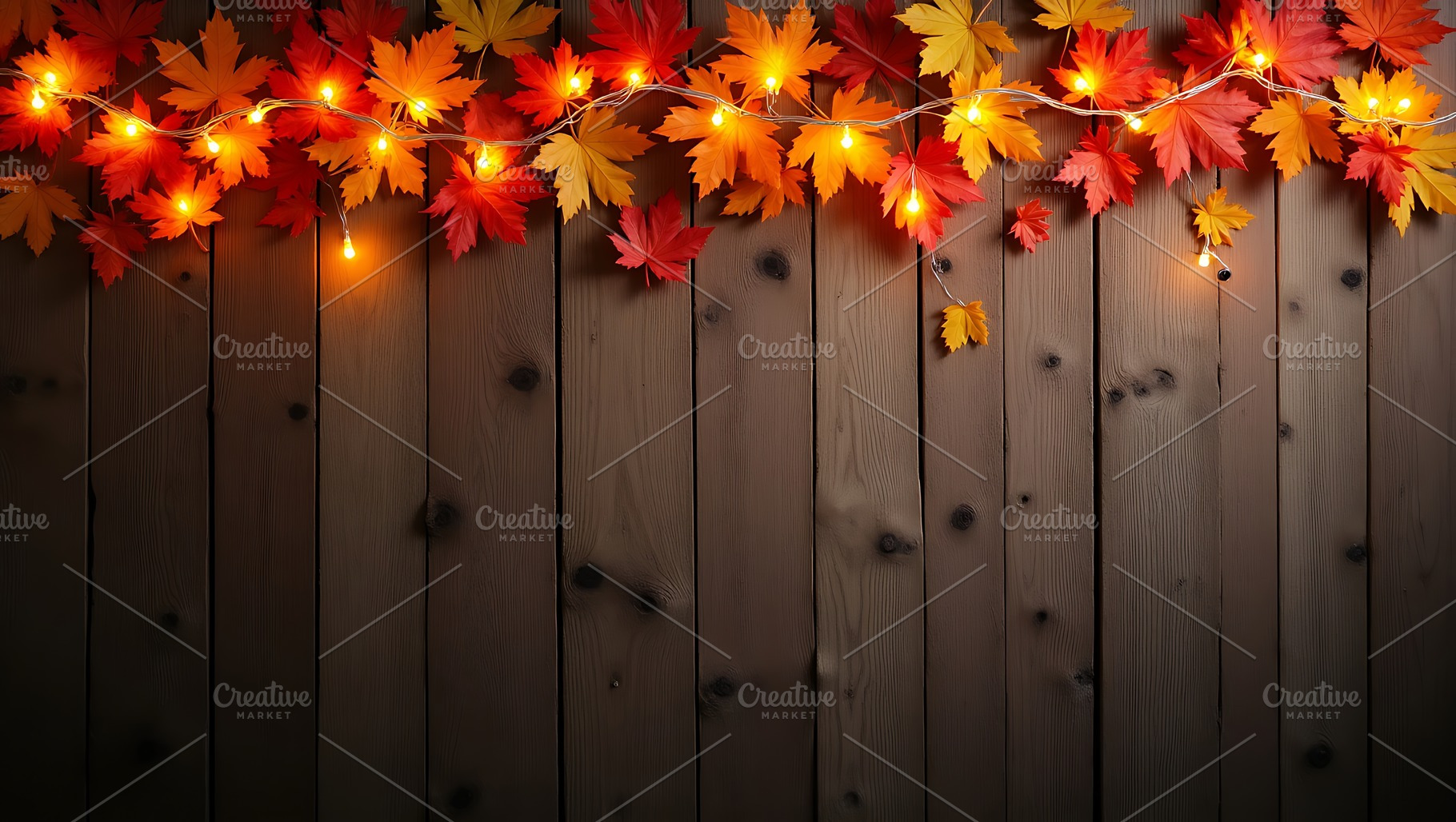 Autumn leaves and warm lights decora, a Background Photo by Artonix