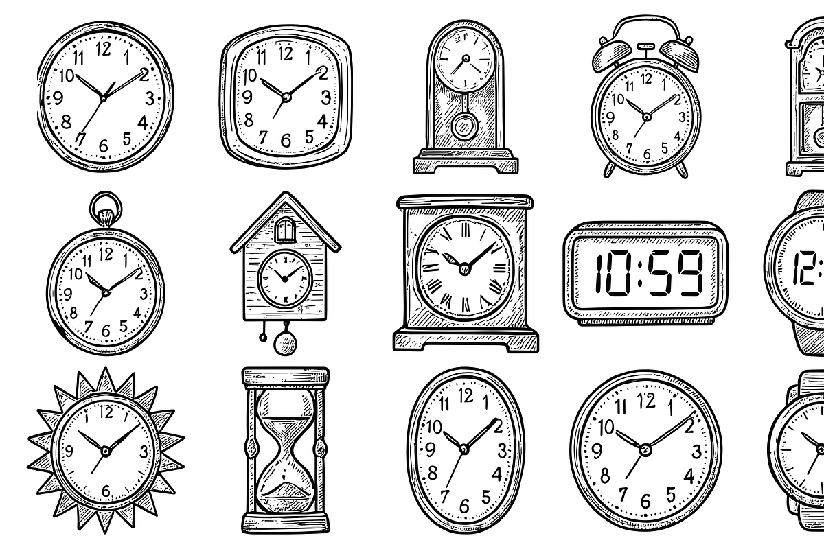 Clocks Timepieces Sketch Pack, an Object Graphic by nikagraphic (Photo 1 of 3)
