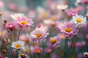 Pink and white daisies in a field so, a Photo by Pixeness Studio