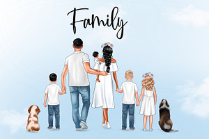 Big Family With A Dog. Family Back.