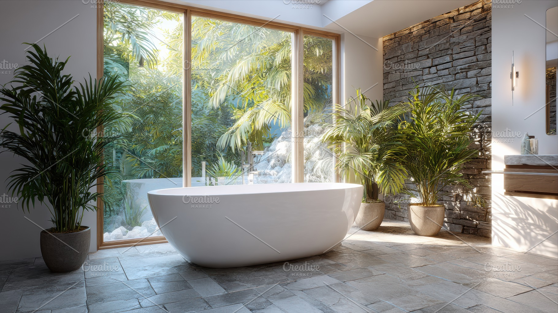 Elegant bathroom with large window, an Architecture Photo by Virgo Studio