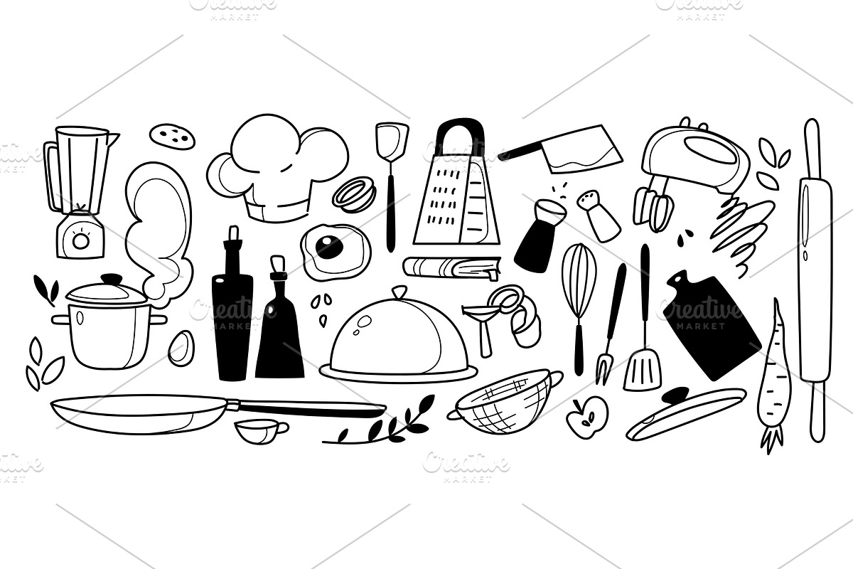 Doodle set of kitchen items and food, a Food Illustration by art PVP - market