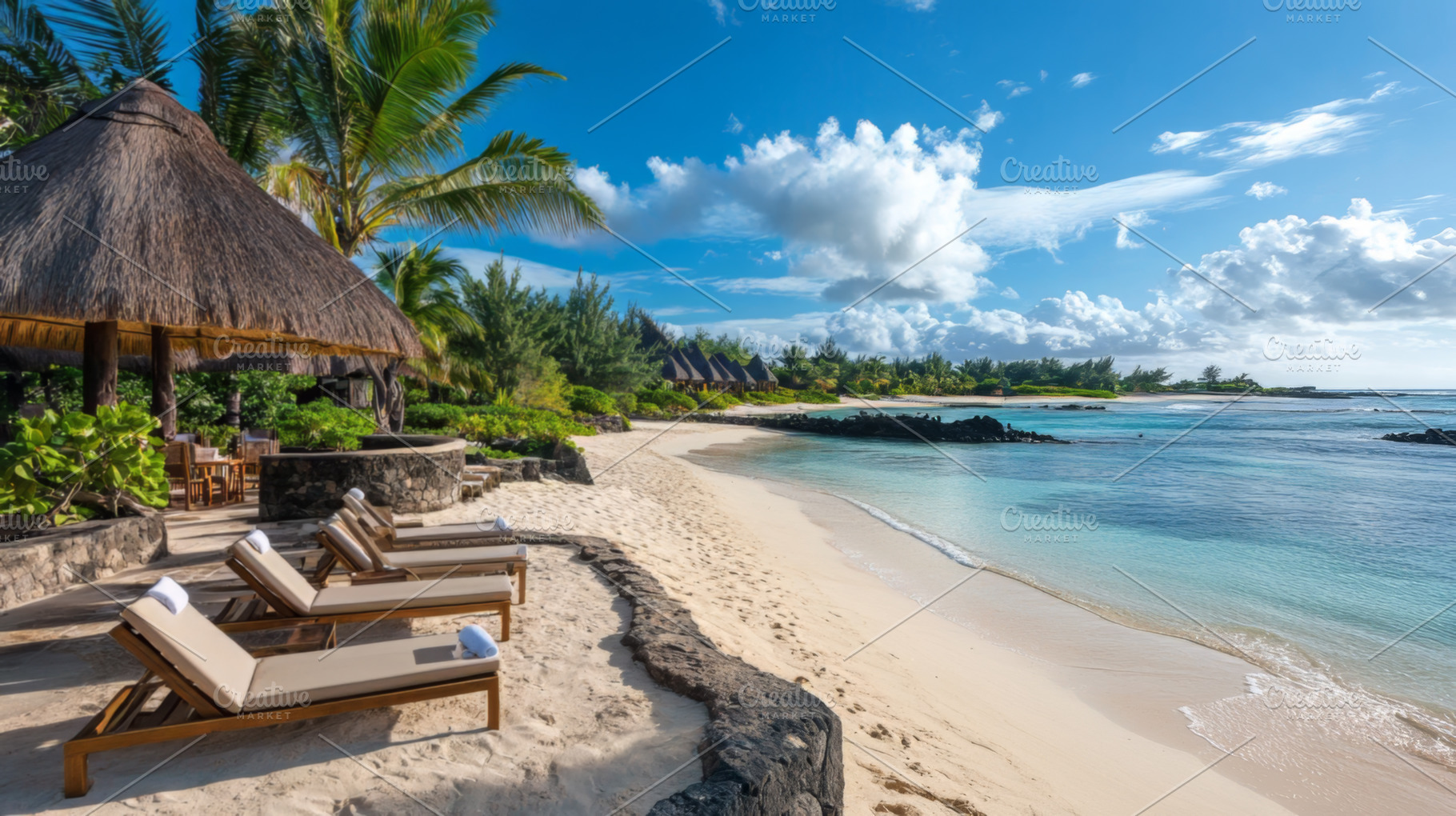Stunning Beachfront with Loungers and Scenic Ocean Views, an Abstract Photo by Natalia Klenova's Shop