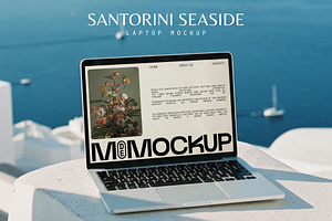 Santorini Seaside MacBook Mockup, a Mac Mockup by Goodies.Buro