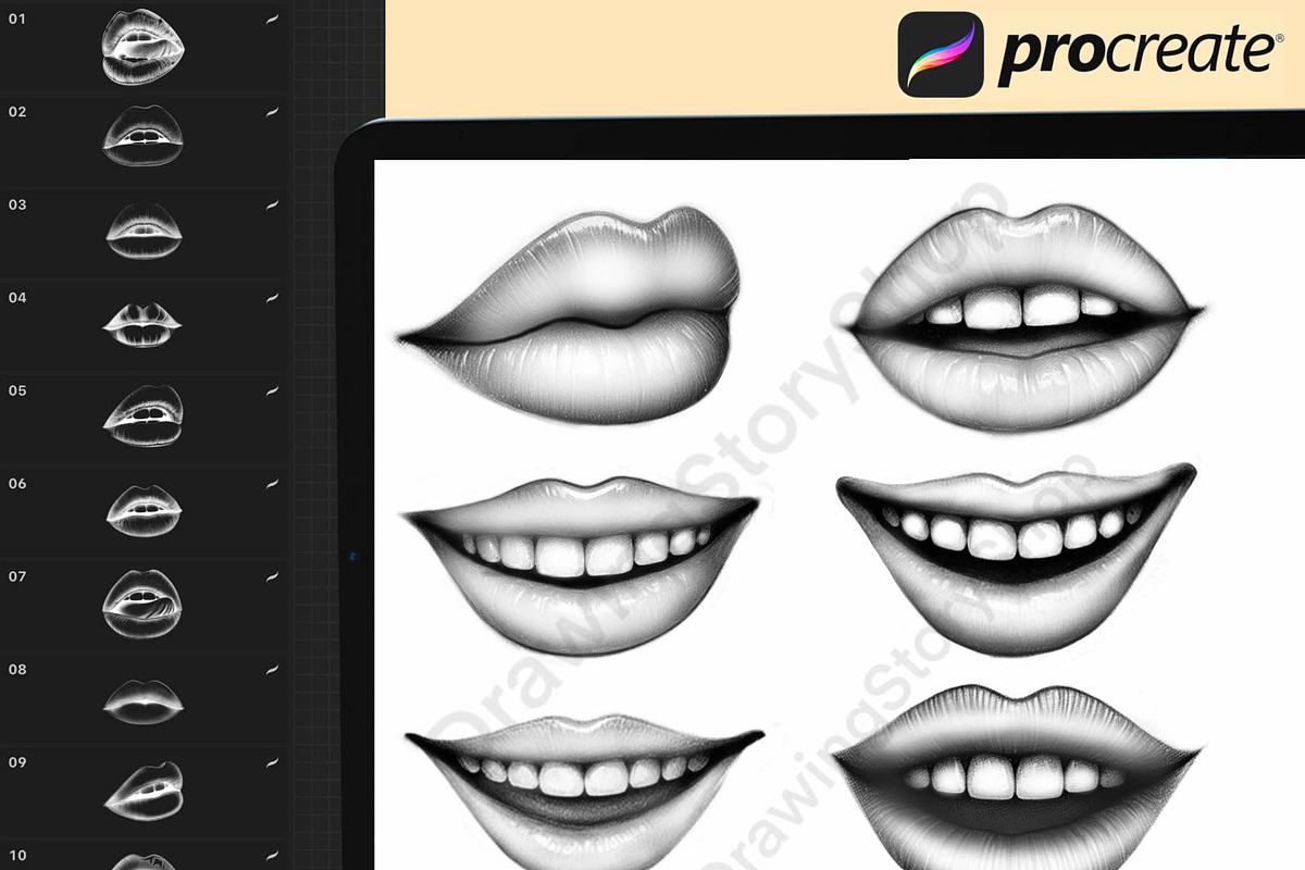 100 Procreate Realistic Lips Stamp, a Brush Add-On by DrawingStoryShop