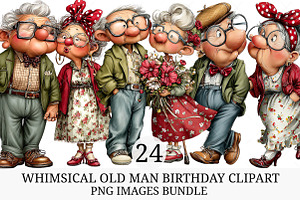 Whimsical Old Man Birthday Clipart, an Illustration by Craft Nest